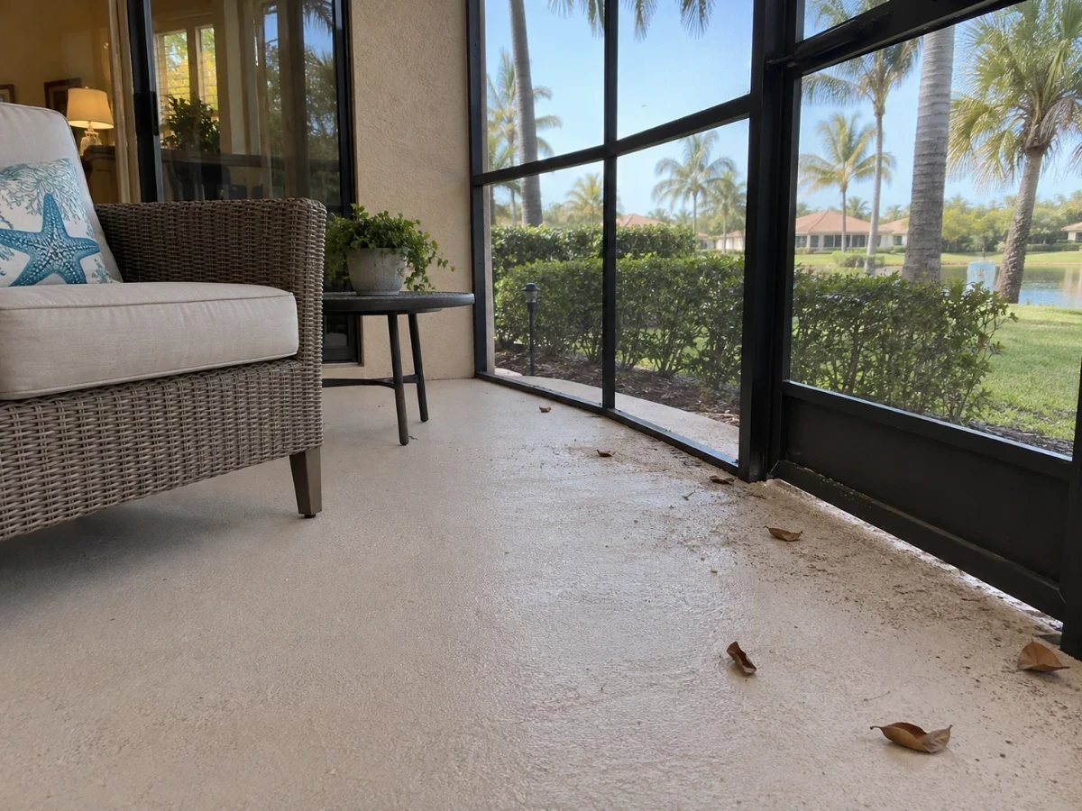 A screened lanai floor with light sand tracking, a few leaves, and simple outdoor furniture.