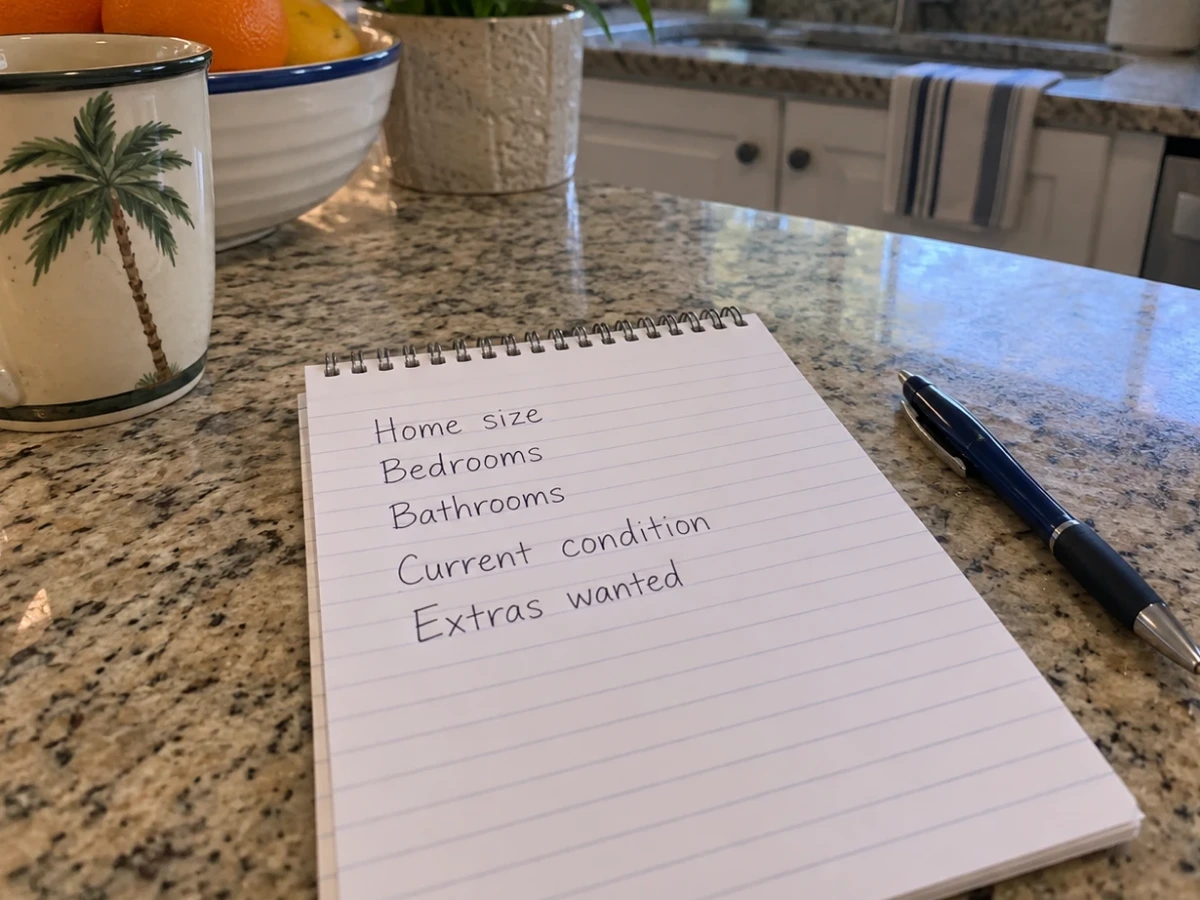 A handwritten list on a notepad on a kitchen counter showing the details to have ready before calling, with a pen beside it and no phone in the frame.