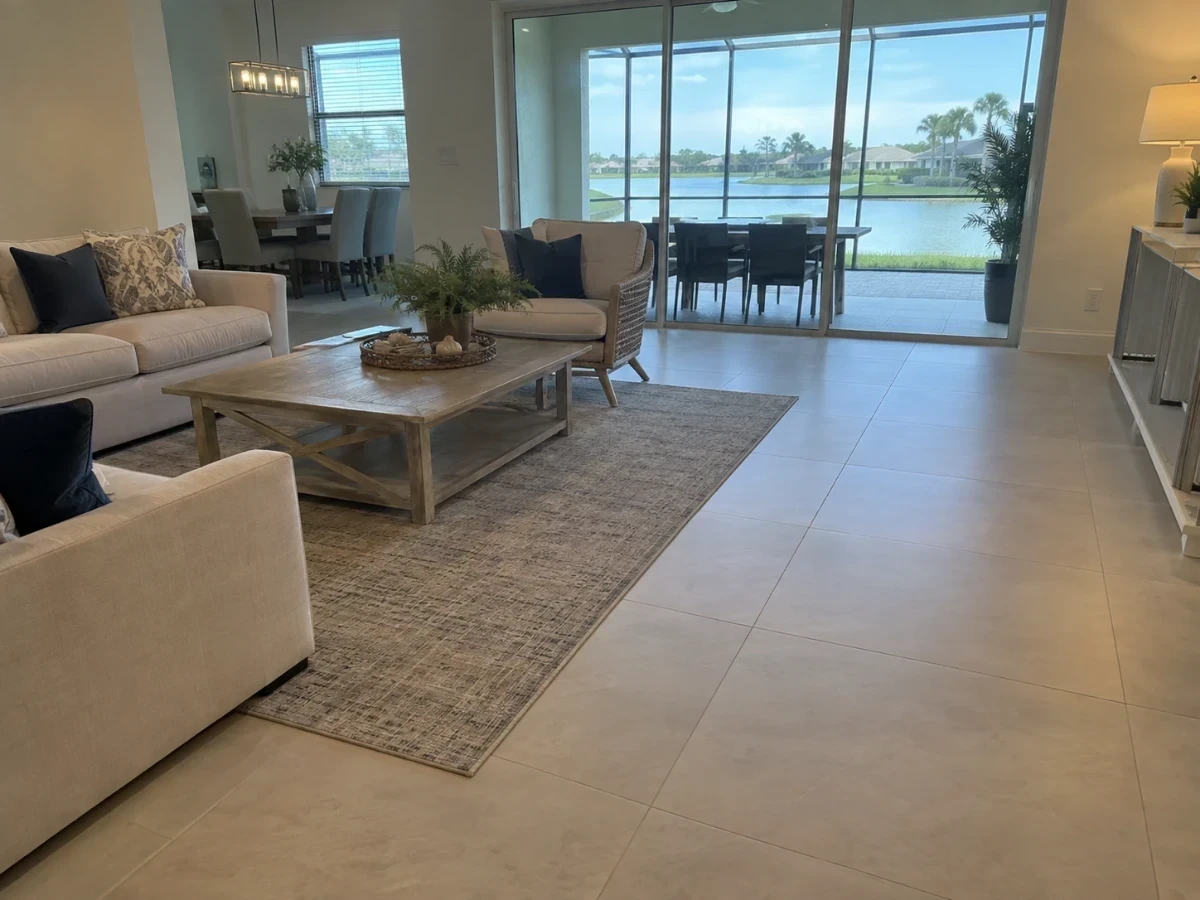 A large-format tile floor in an open-plan living area with a rug and a wiped table.