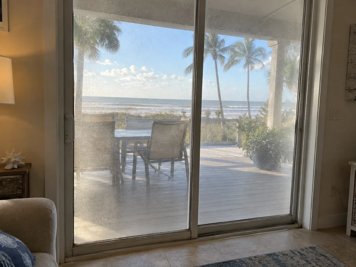 A sliding glass door with light salt haze and sand gathered along the bottom track.