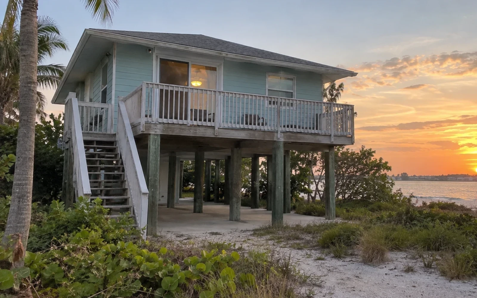 An elevated single-storey coastal home on stilts with open ground underneath and coastal vegetation.