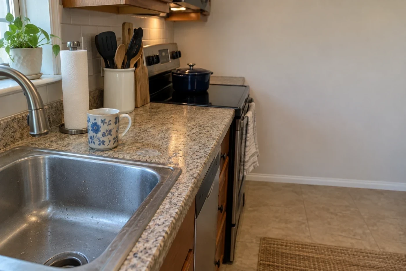 A lived-in kitchen counter and stainless sink with dried water spots, a used mug and light everyday wear in a normal home.