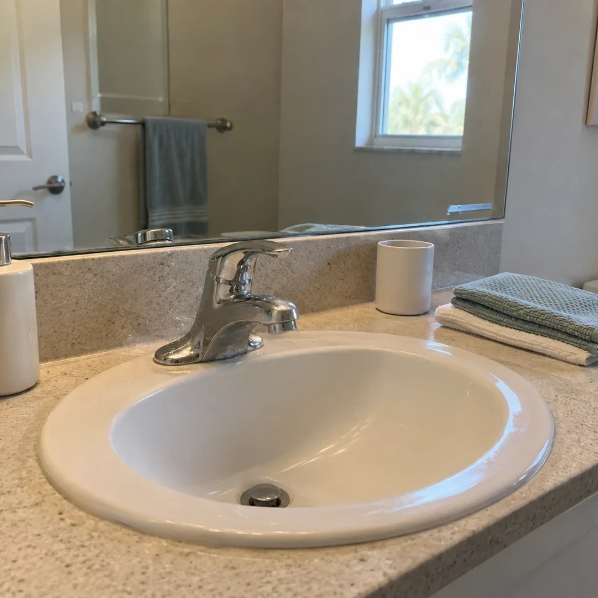 A bathroom vanity basin and chrome tap with a wiped mirror and folded cloths on the counter.