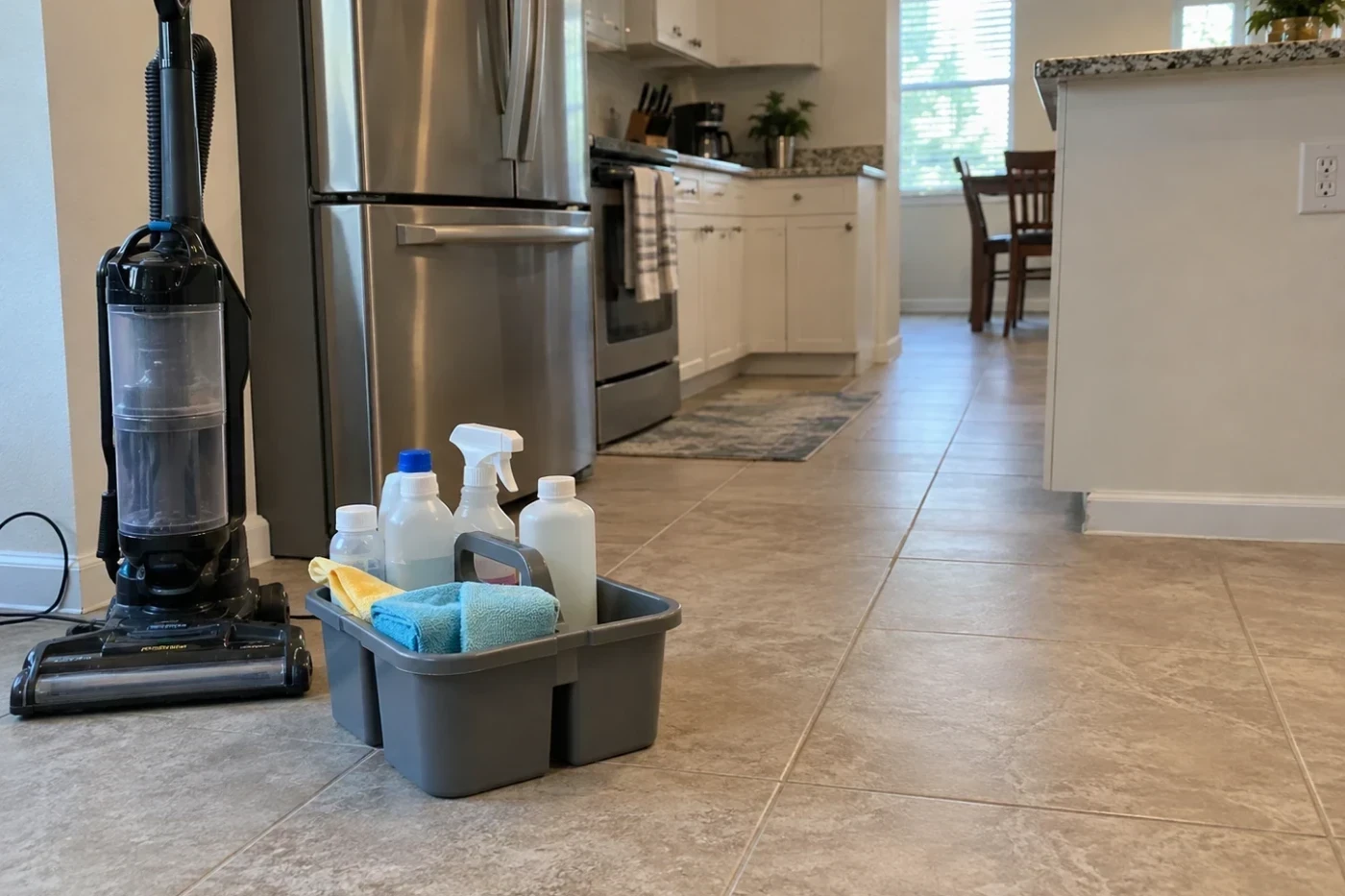 An unbranded cleaning caddy holding folded cloths and plain bottles on a kitchen floor beside a household vacuum.