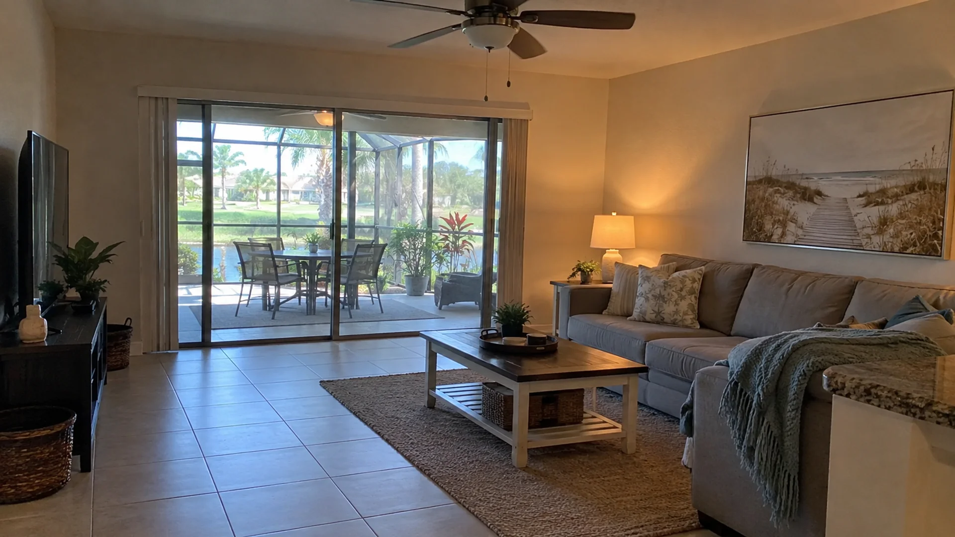 A tiled living room with a grey sectional sofa, a wood coffee table on a rug, a ceiling fan, and sliding glass doors opening onto a screened lanai with a lake view.