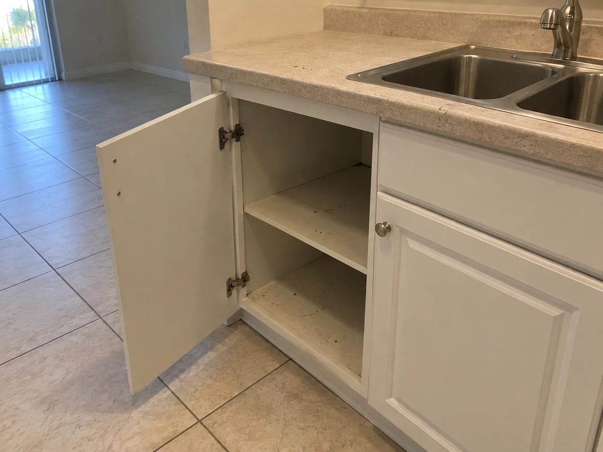 Before: an open empty kitchen base cabinet below a double stainless steel sink with visible dust and specks on the shelves, a tiled floor, and sliding doors in the background.