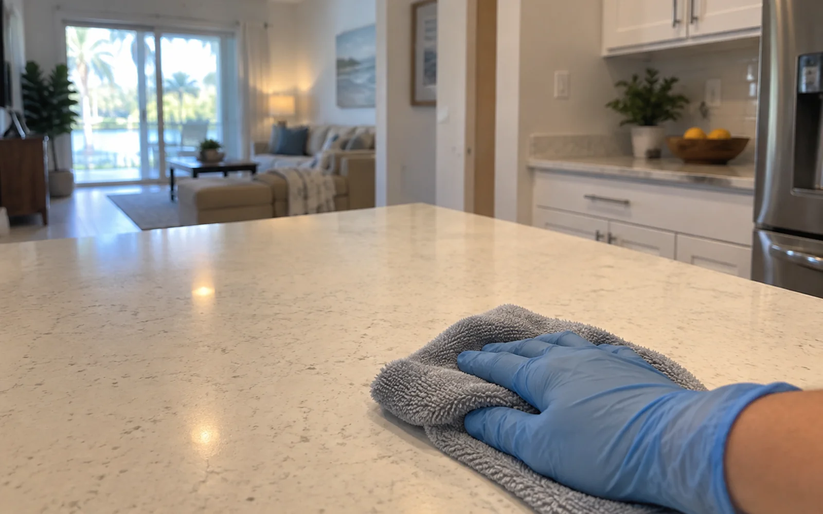 A gloved hand wiping a white quartz kitchen island with a grey cloth, with white cabinets, a stainless steel refrigerator, and a lanai view behind.